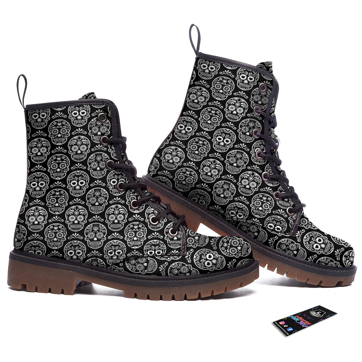Calavera Skull White And Black Print Work Boots-grizzshop