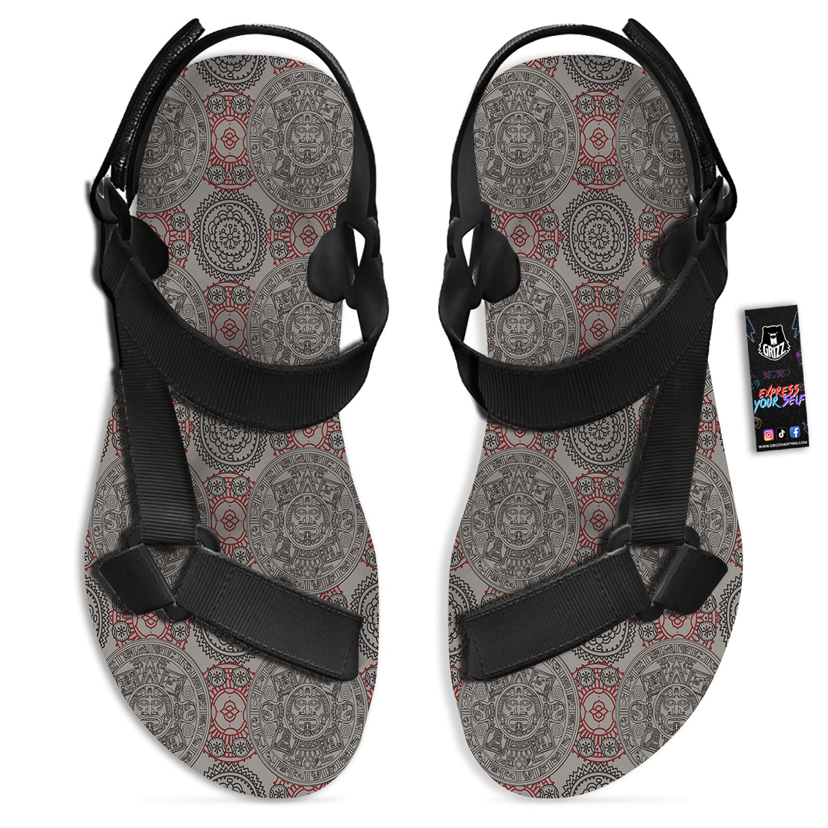 Calendar Aztec Doodle Print Pattern Black Open Toe Sandals-grizzshop