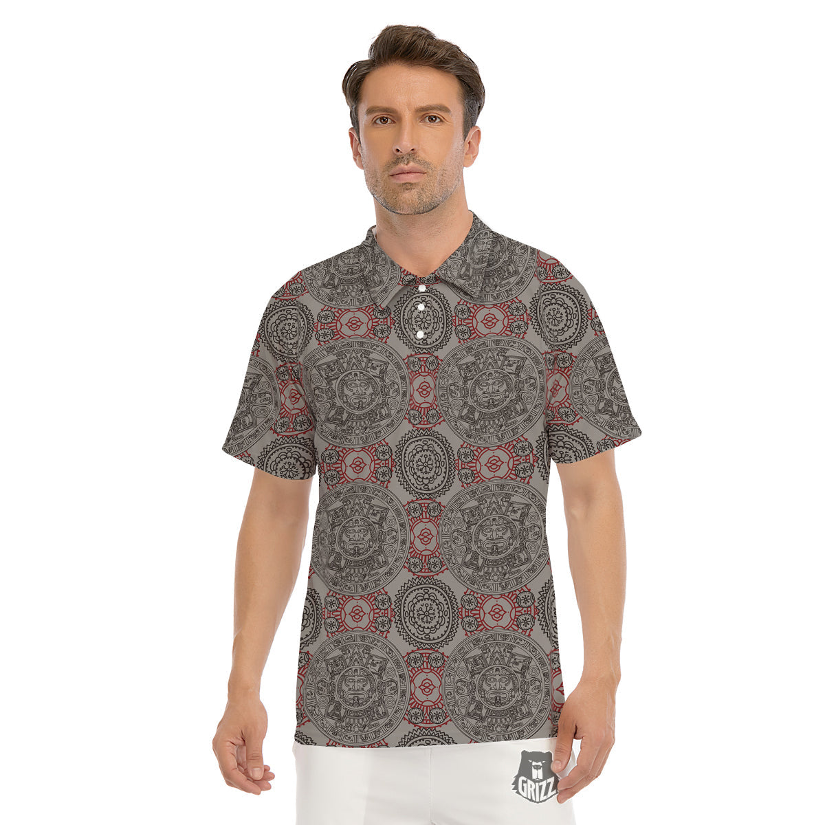 Calendar Aztec Doodle Print Pattern Men's Golf Shirts-grizzshop