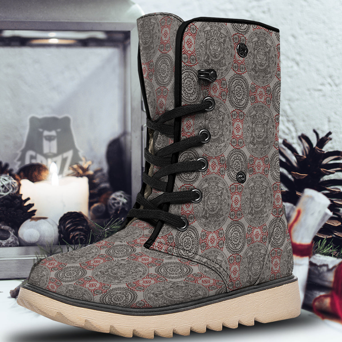 Calendar Aztec Doodle Print Pattern Snow Boots-grizzshop