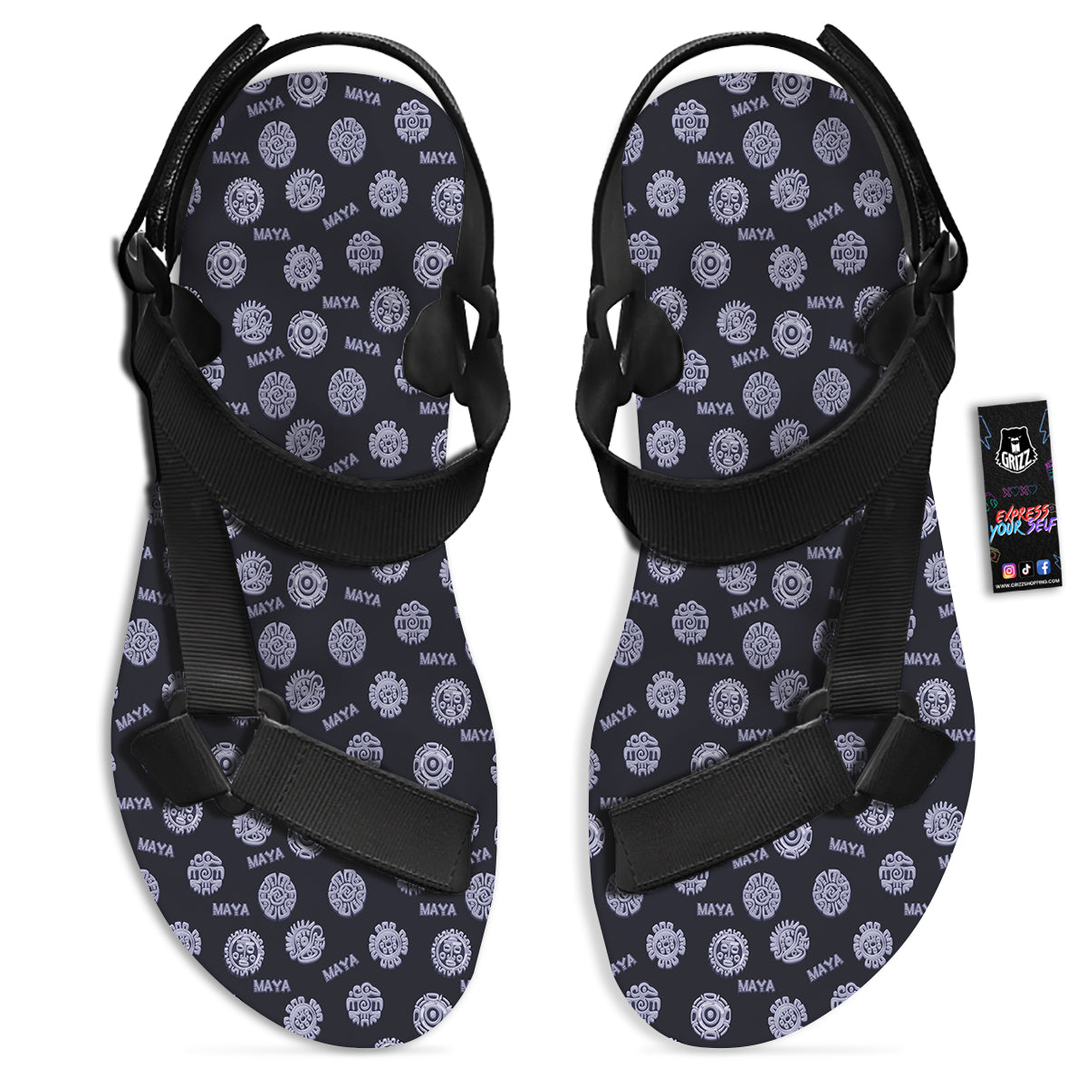Calendar Aztec Maya Exotic Print Pattern Black Open Toe Sandals-grizzshop