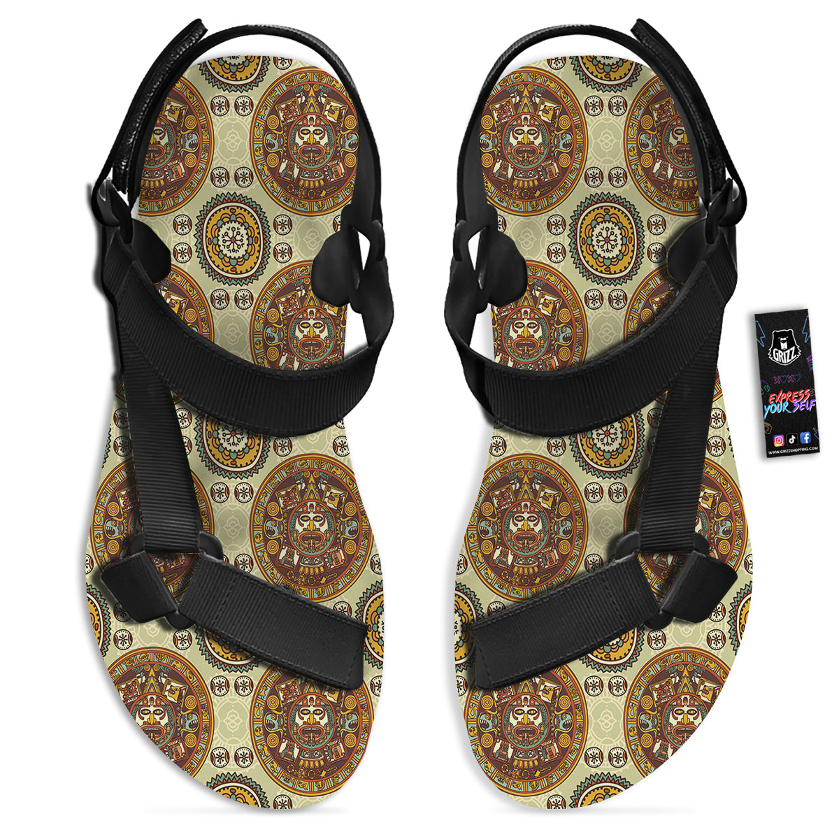 Calendar Aztec Vintage Print Pattern Black Open Toe Sandals-grizzshop