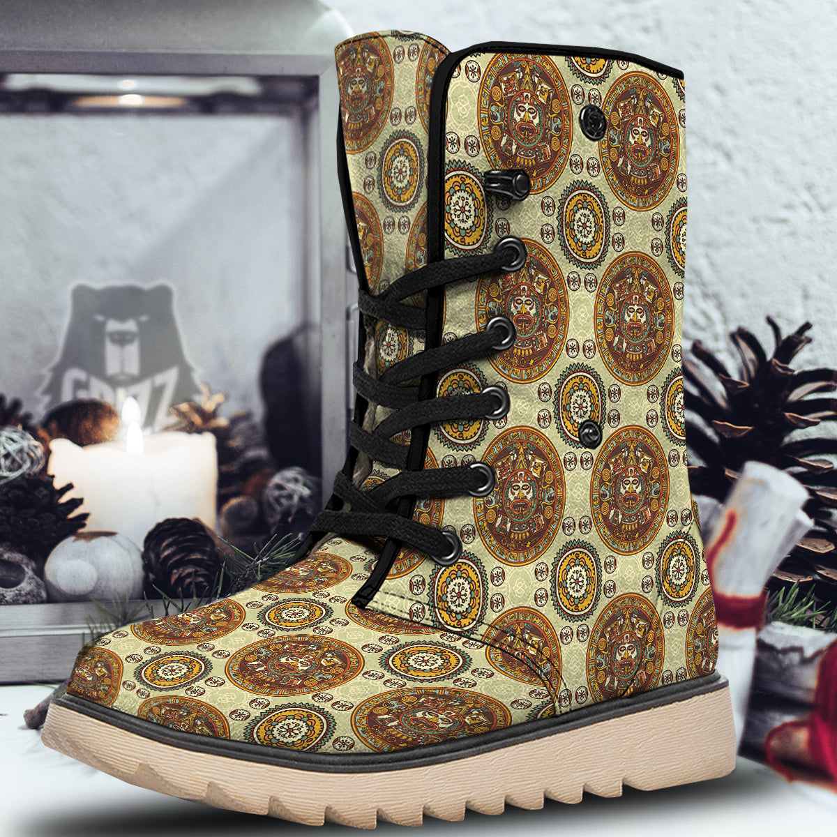 Calendar Aztec Vintage Print Pattern Snow Boots-grizzshop