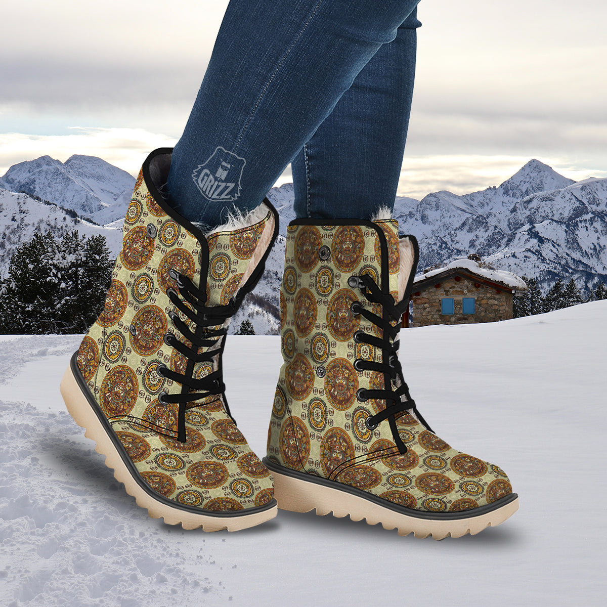 Calendar Aztec Vintage Print Pattern Snow Boots-grizzshop