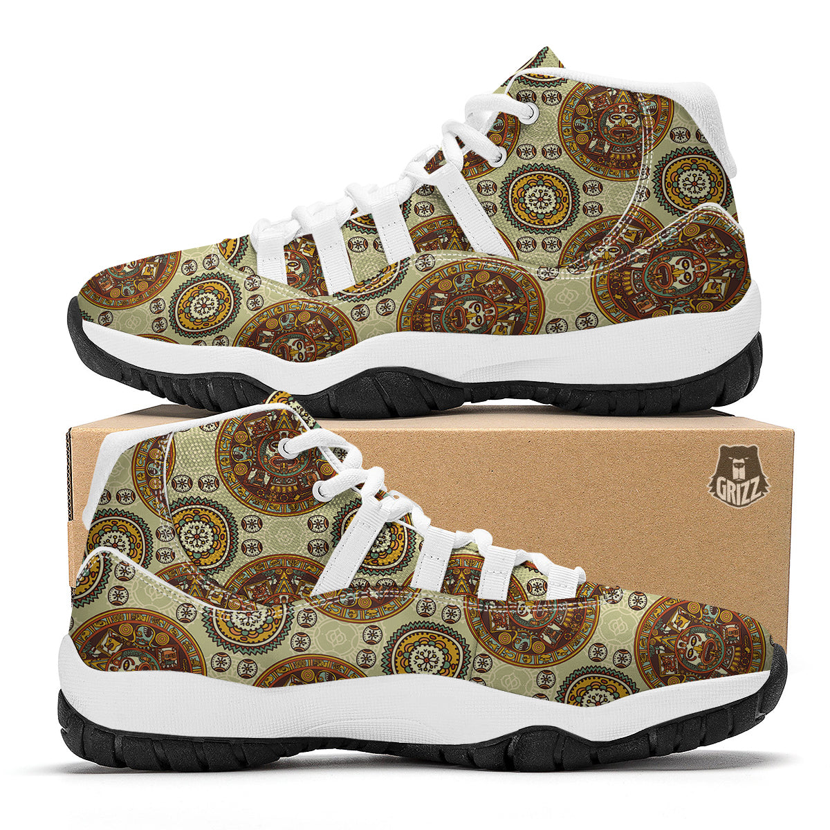 Calendar Aztec Vintage Print Pattern White Bball Shoes-grizzshop