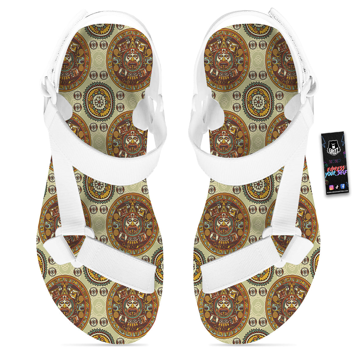 Calendar Aztec Vintage Print Pattern White Open Toe Sandals-grizzshop