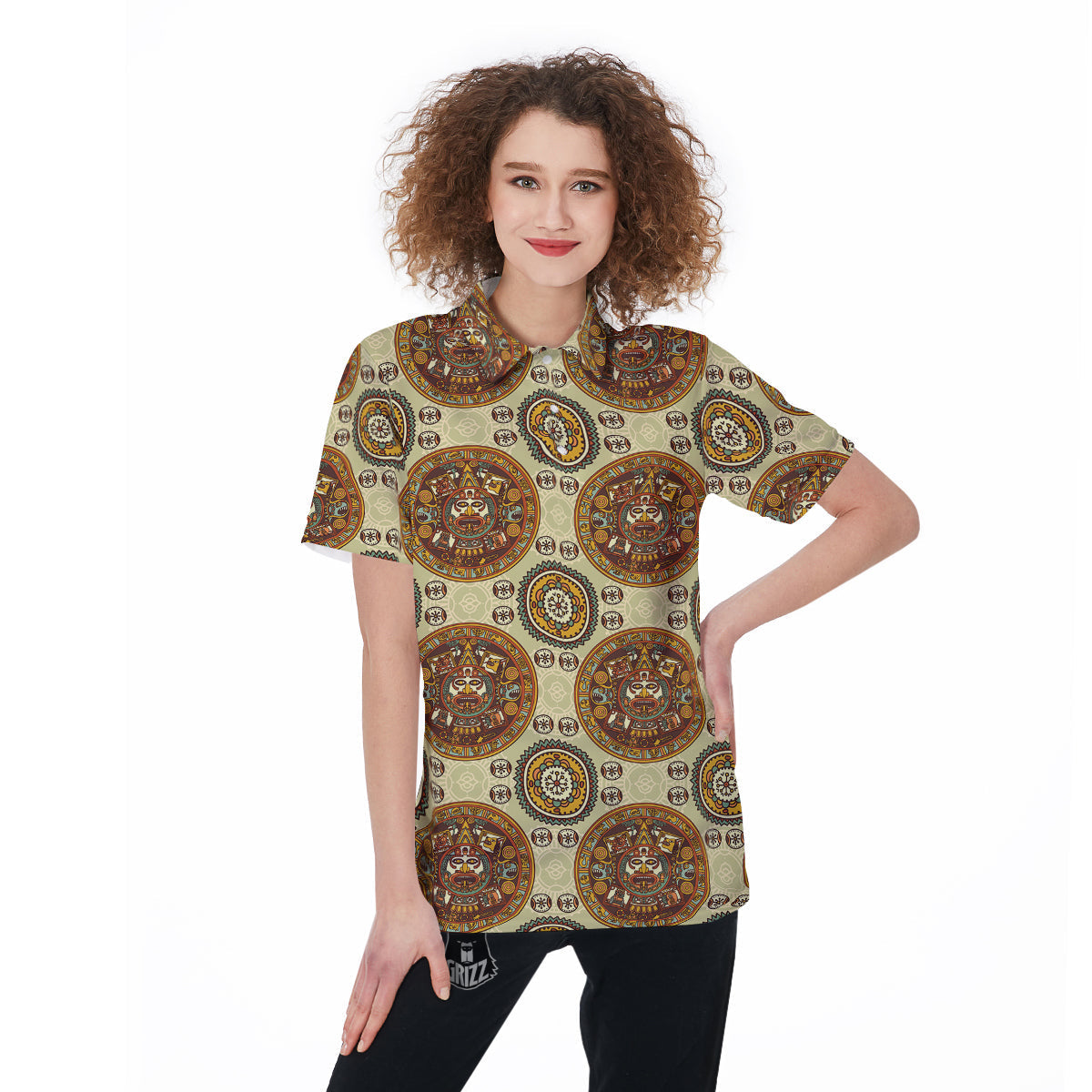 Calendar Aztec Vintage Print Pattern Women's Golf Shirts-grizzshop
