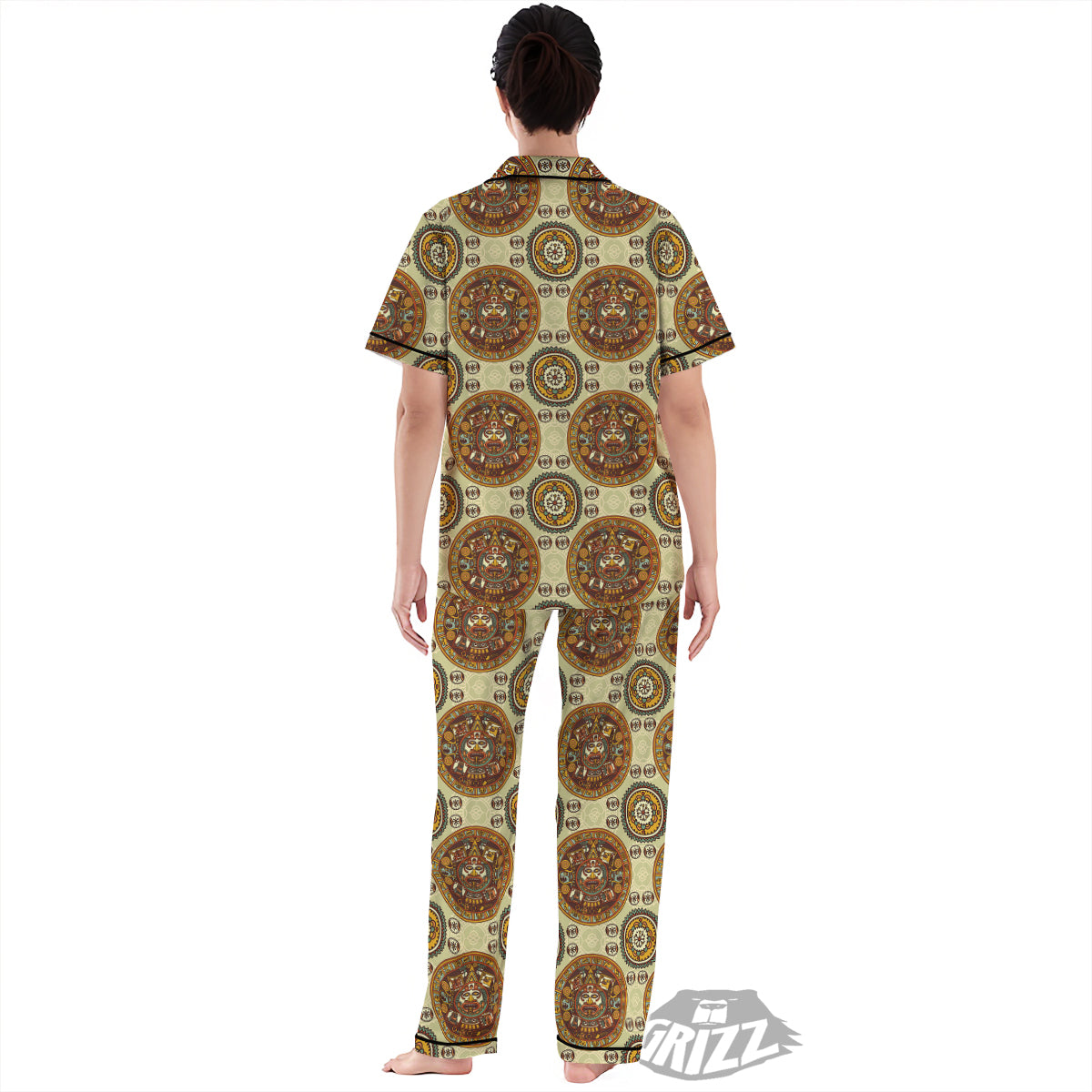 Calendar Aztec Vintage Print Pattern Women's Pajamas Set-grizzshop