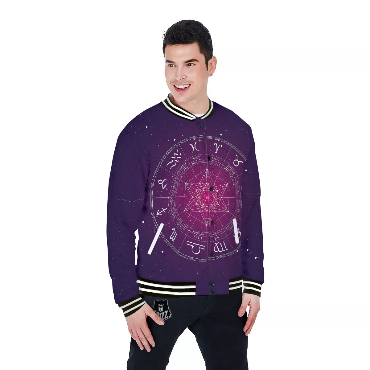 Calendar Geometric Zodiac Print Baseball Jacket-grizzshop