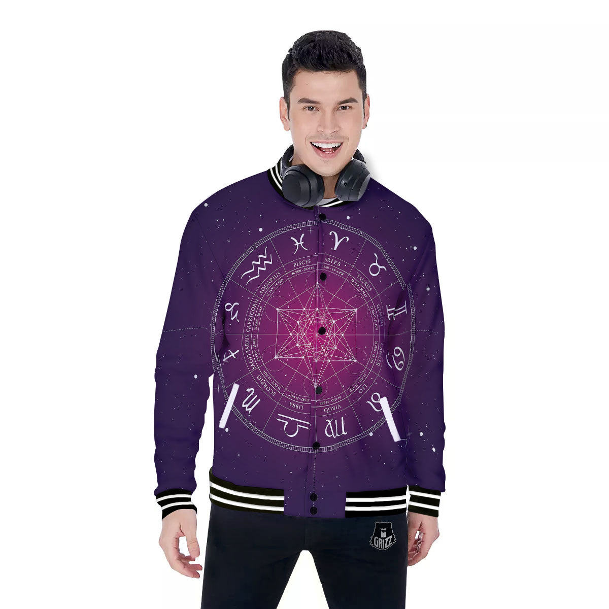 Calendar Geometric Zodiac Print Baseball Jacket-grizzshop