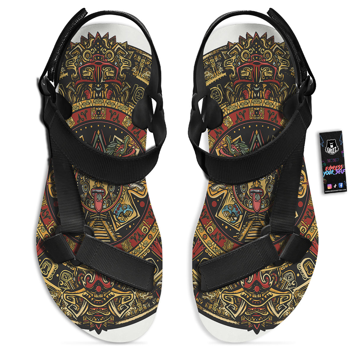 Calendar Mayan Print Black Open Toe Sandals-grizzshop