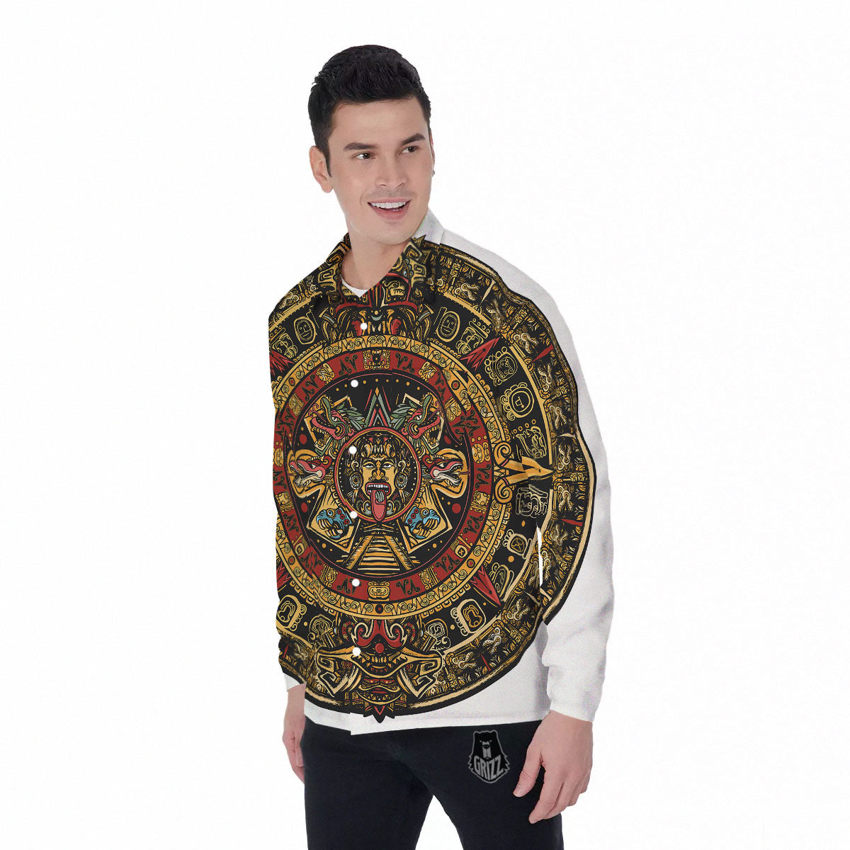 Calendar Mayan Print Men's Long Sleeve Shirts-grizzshop