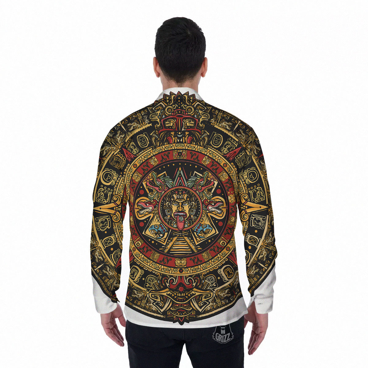 Calendar Mayan Print Men's Long Sleeve Shirts-grizzshop