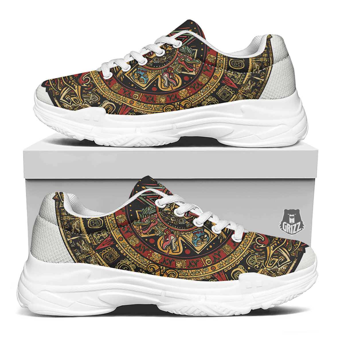Calendar Mayan Print White Chunky Shoes-grizzshop