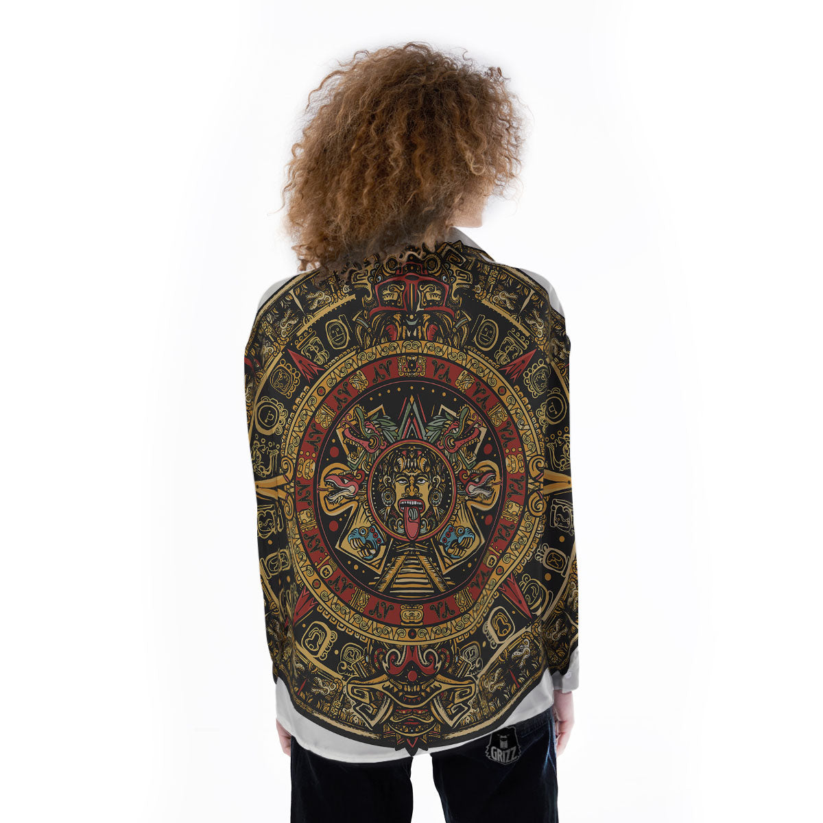 Calendar Mayan Print Women's Long Sleeve Shirts-grizzshop