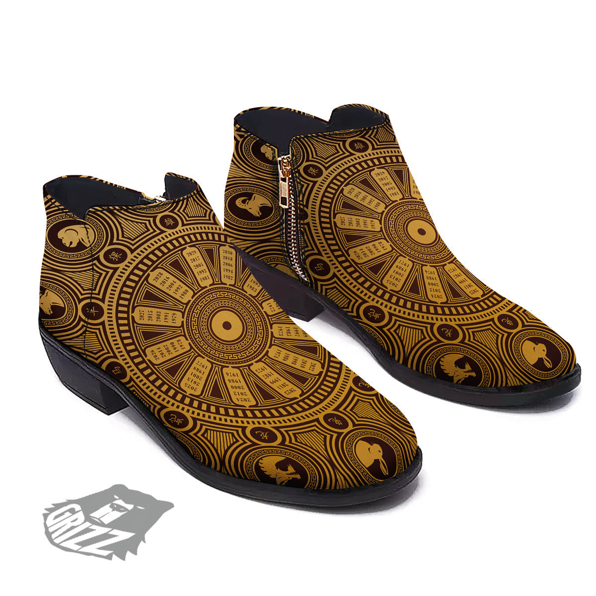 Calendar Signs Chinese Zodiac Print Ankle Boots-grizzshop