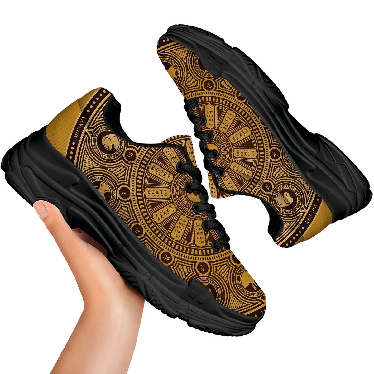 Calendar Signs Chinese Zodiac Print Black Chunky Shoes-grizzshop