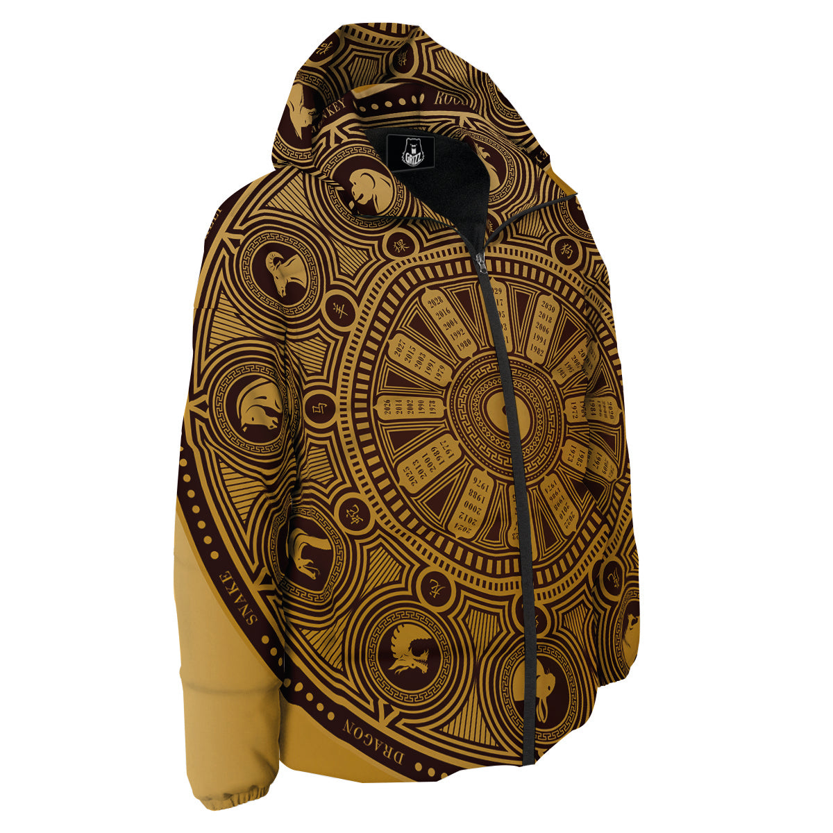 Calendar Signs Chinese Zodiac Print Down Jacket-grizzshop