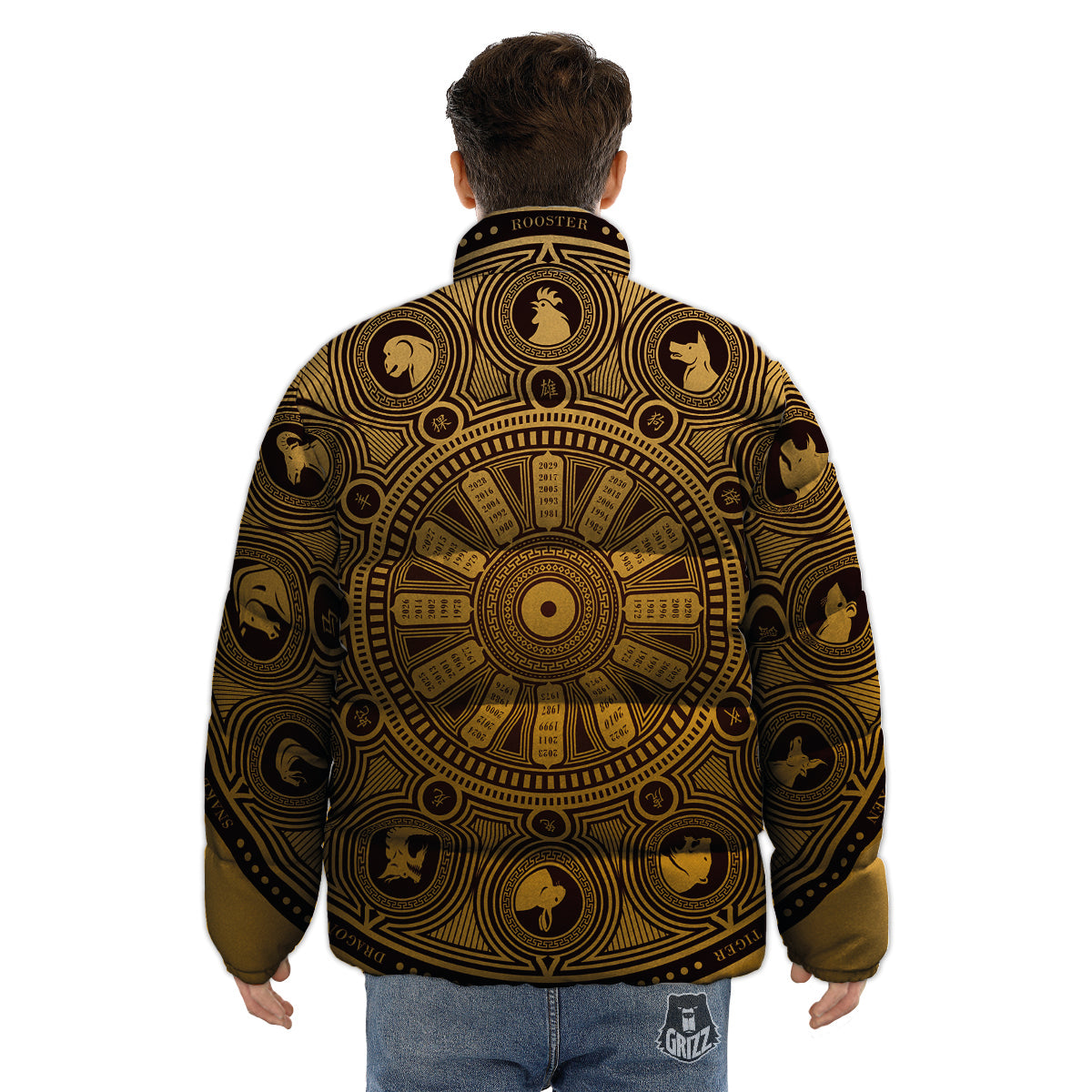 Calendar Signs Chinese Zodiac Print Puffer Jacket-grizzshop