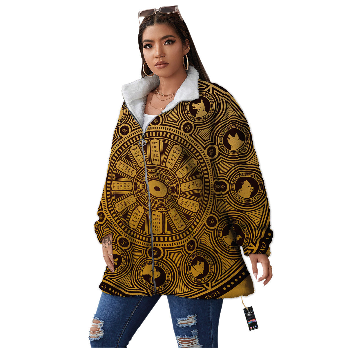 Calendar Signs Chinese Zodiac Print Women's Sherpa Jacket-grizzshop