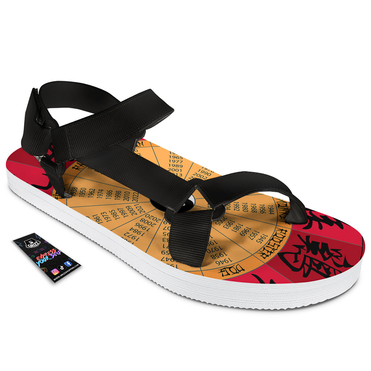 Calendar Wheel Chinese Zodiac Print Black Open Toe Sandals-grizzshop