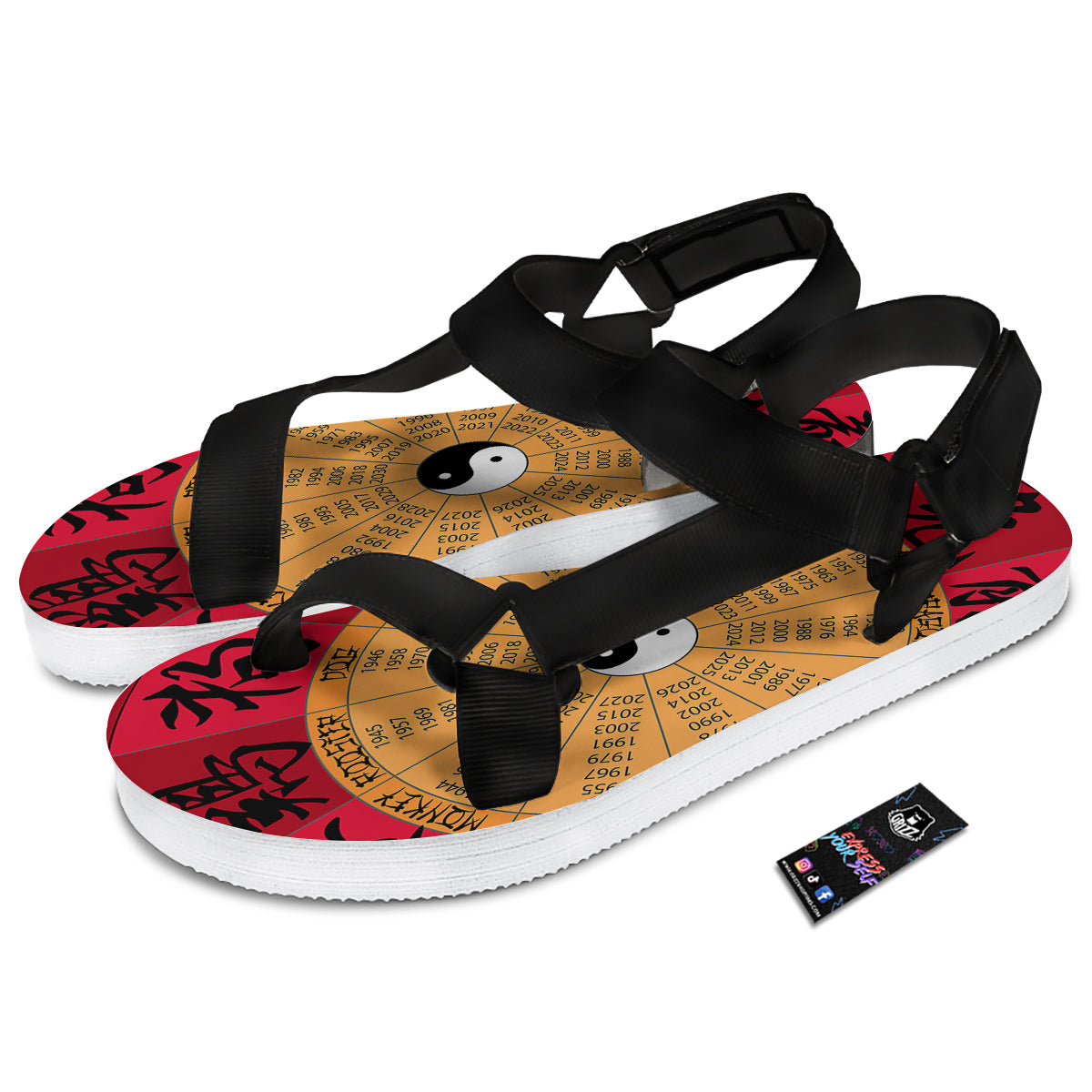 Calendar Wheel Chinese Zodiac Print Black Open Toe Sandals-grizzshop