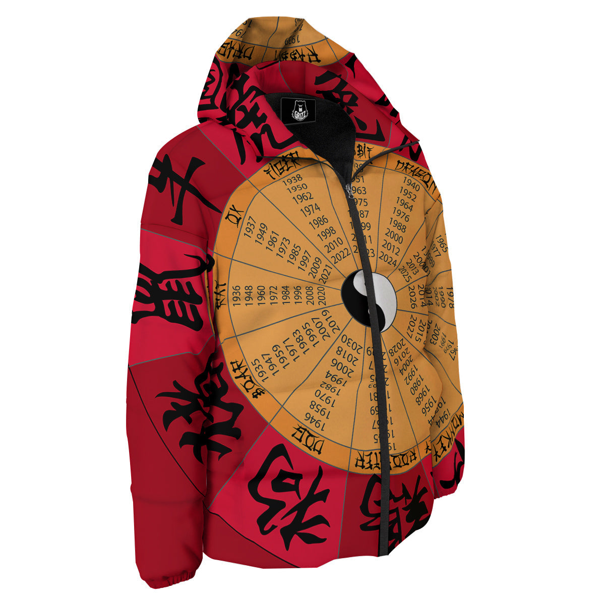 Calendar Wheel Chinese Zodiac Print Down Jacket-grizzshop