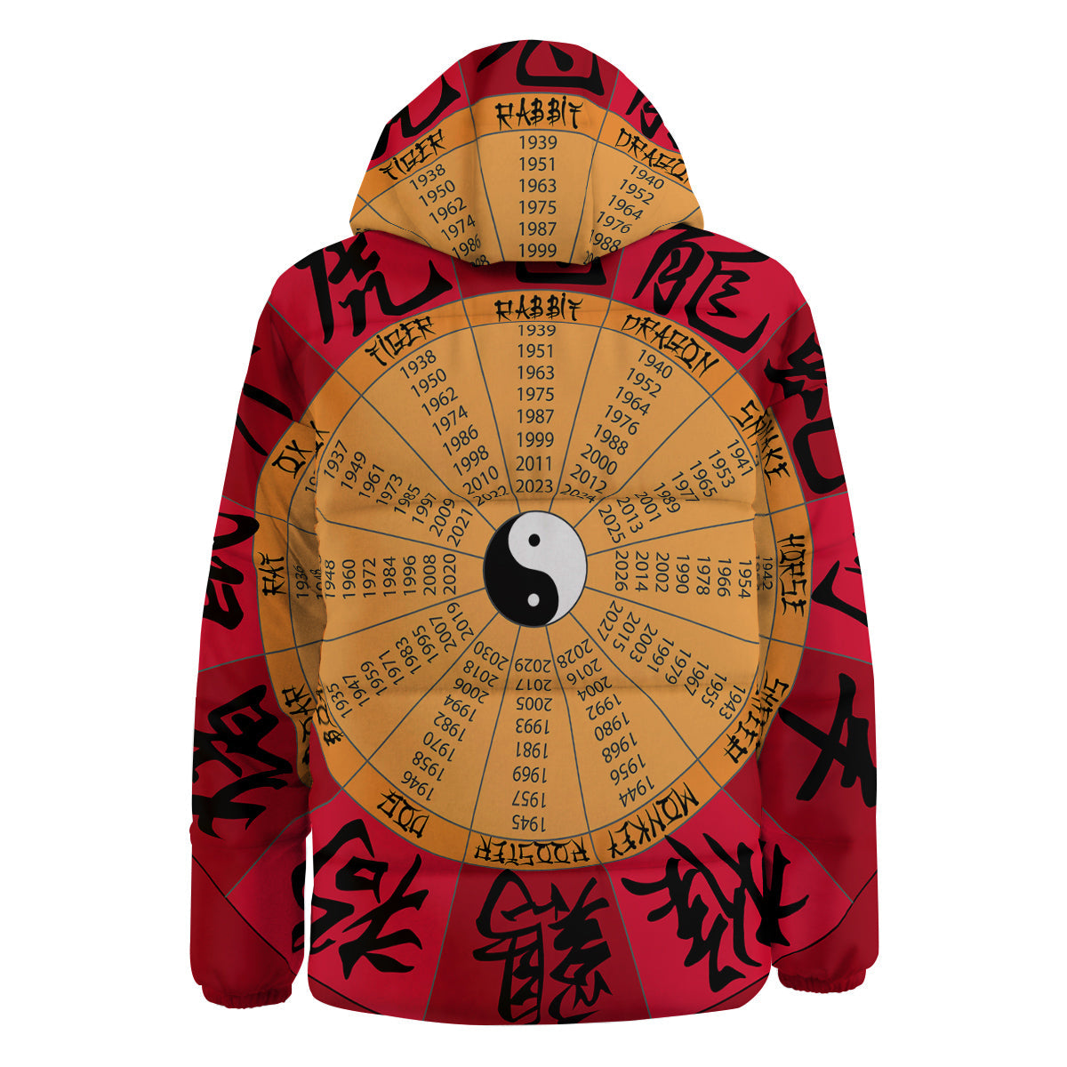 Calendar Wheel Chinese Zodiac Print Down Jacket-grizzshop