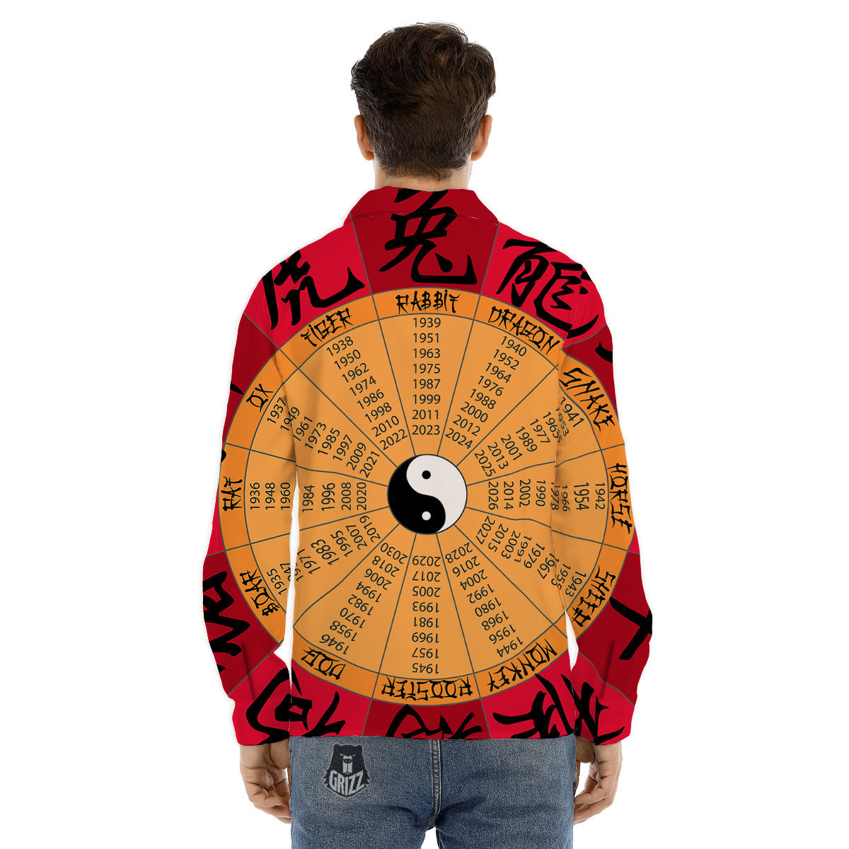 Calendar Wheel Chinese Zodiac Print Men's Dress Shirts-grizzshop
