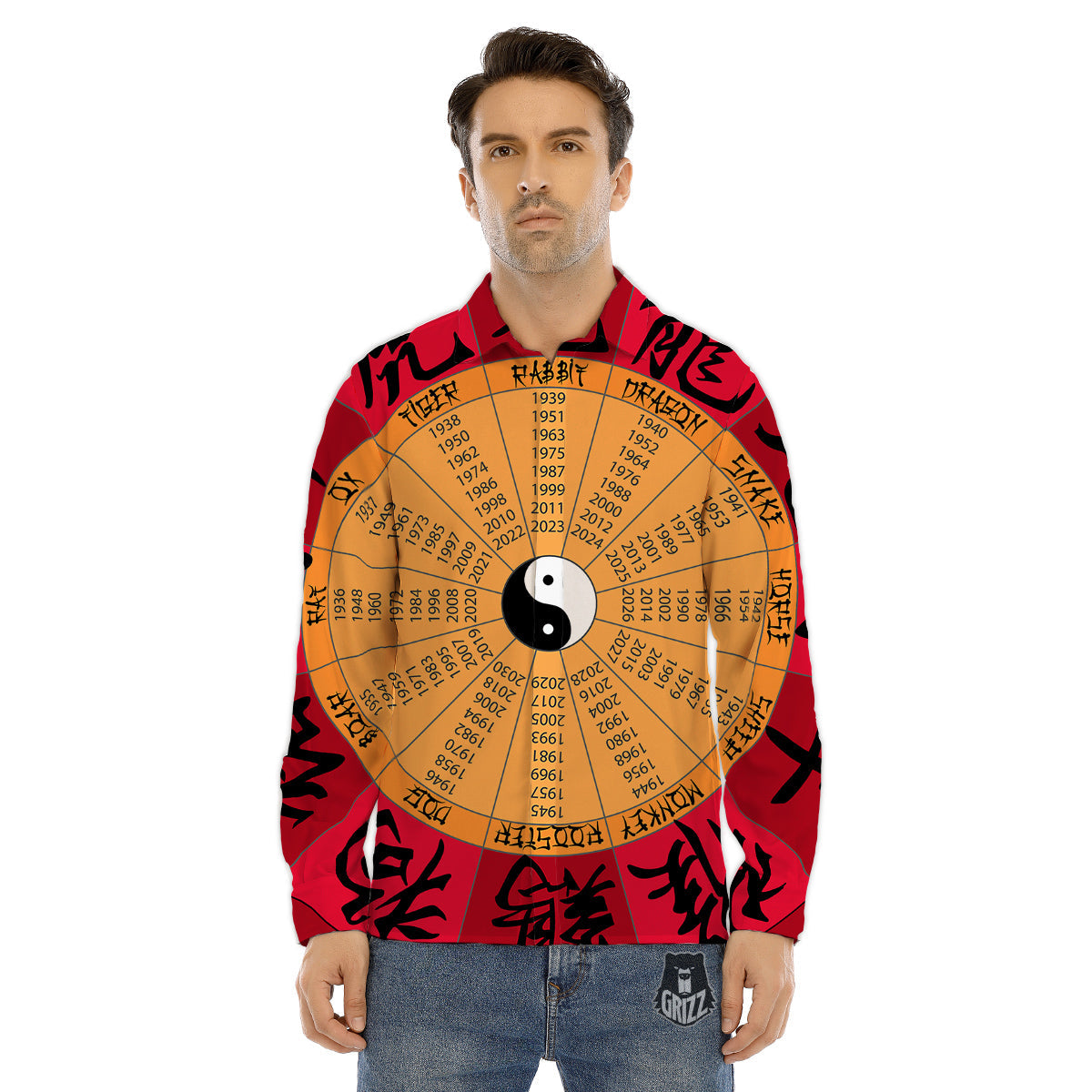 Calendar Wheel Chinese Zodiac Print Men's Dress Shirts-grizzshop