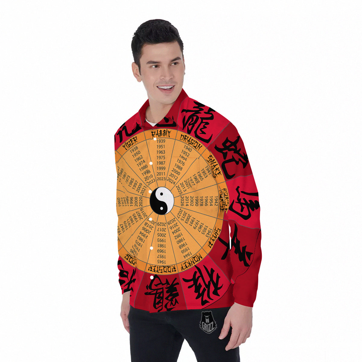 Calendar Wheel Chinese Zodiac Print Men's Long Sleeve Shirts-grizzshop