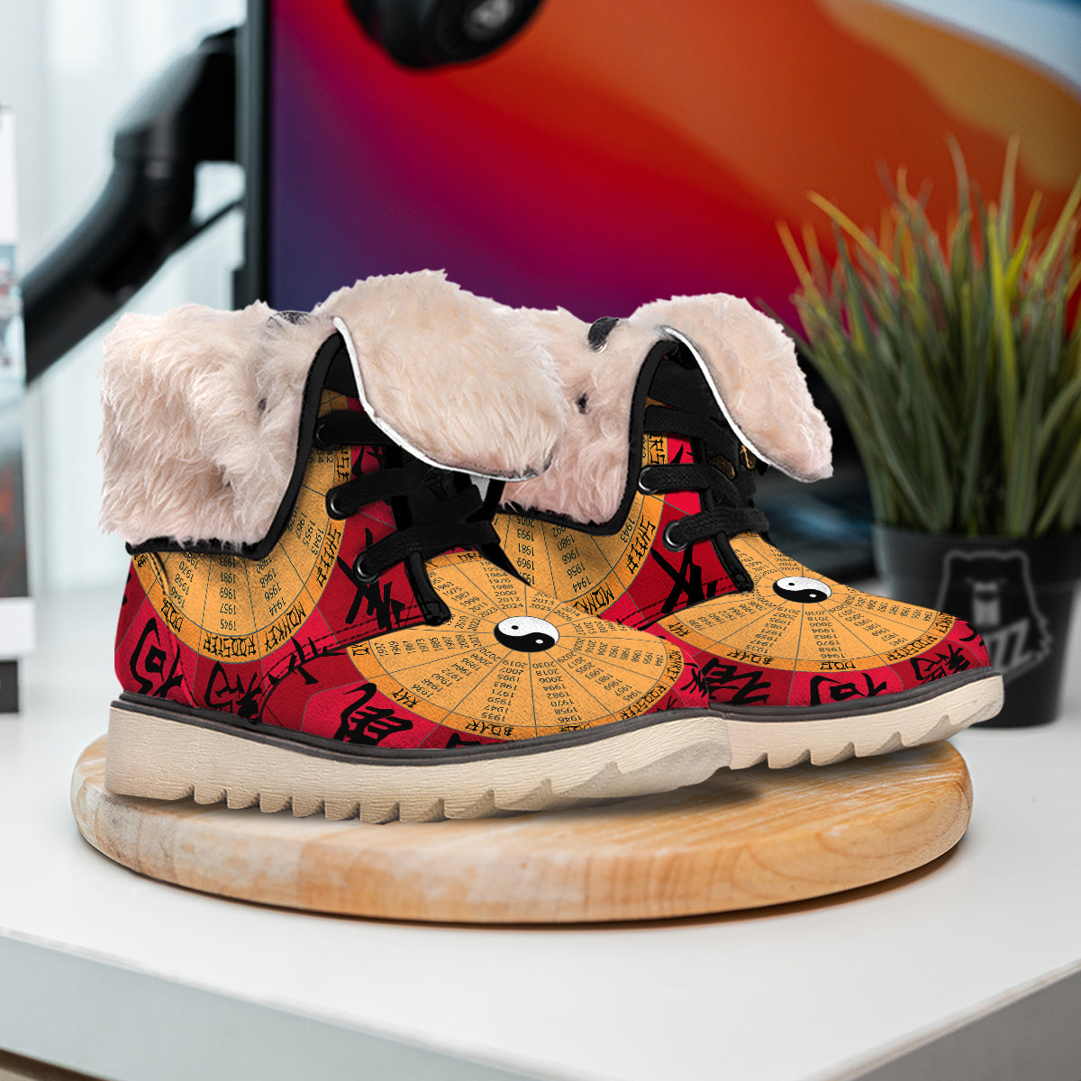 Calendar Wheel Chinese Zodiac Print Snow Boots-grizzshop