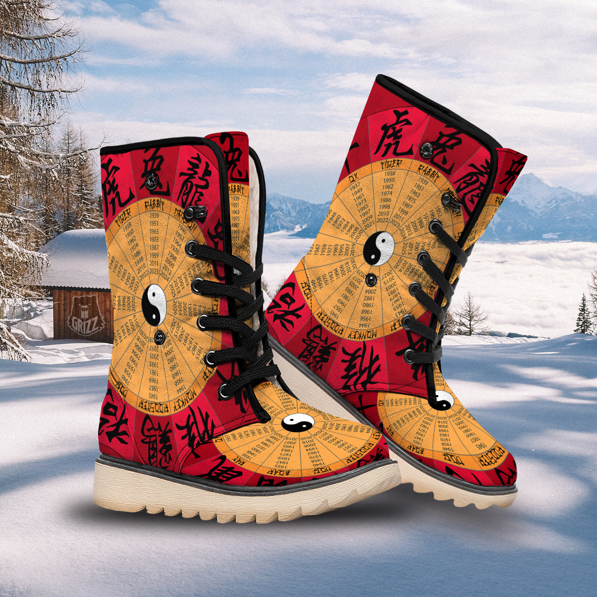 Calendar Wheel Chinese Zodiac Print Snow Boots-grizzshop