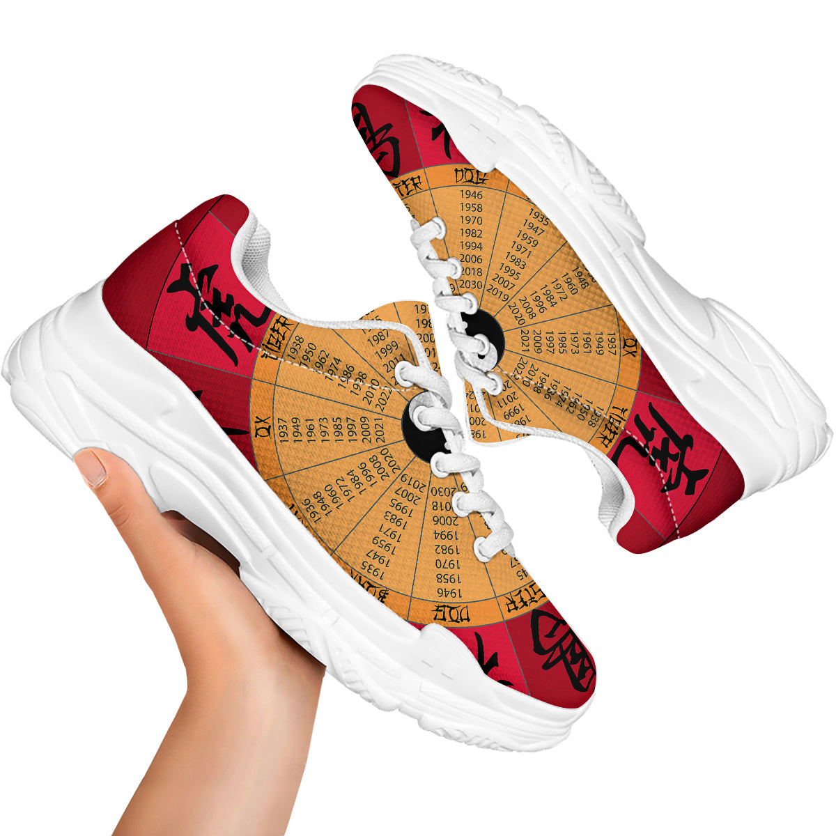Calendar Wheel Chinese Zodiac Print White Chunky Shoes-grizzshop