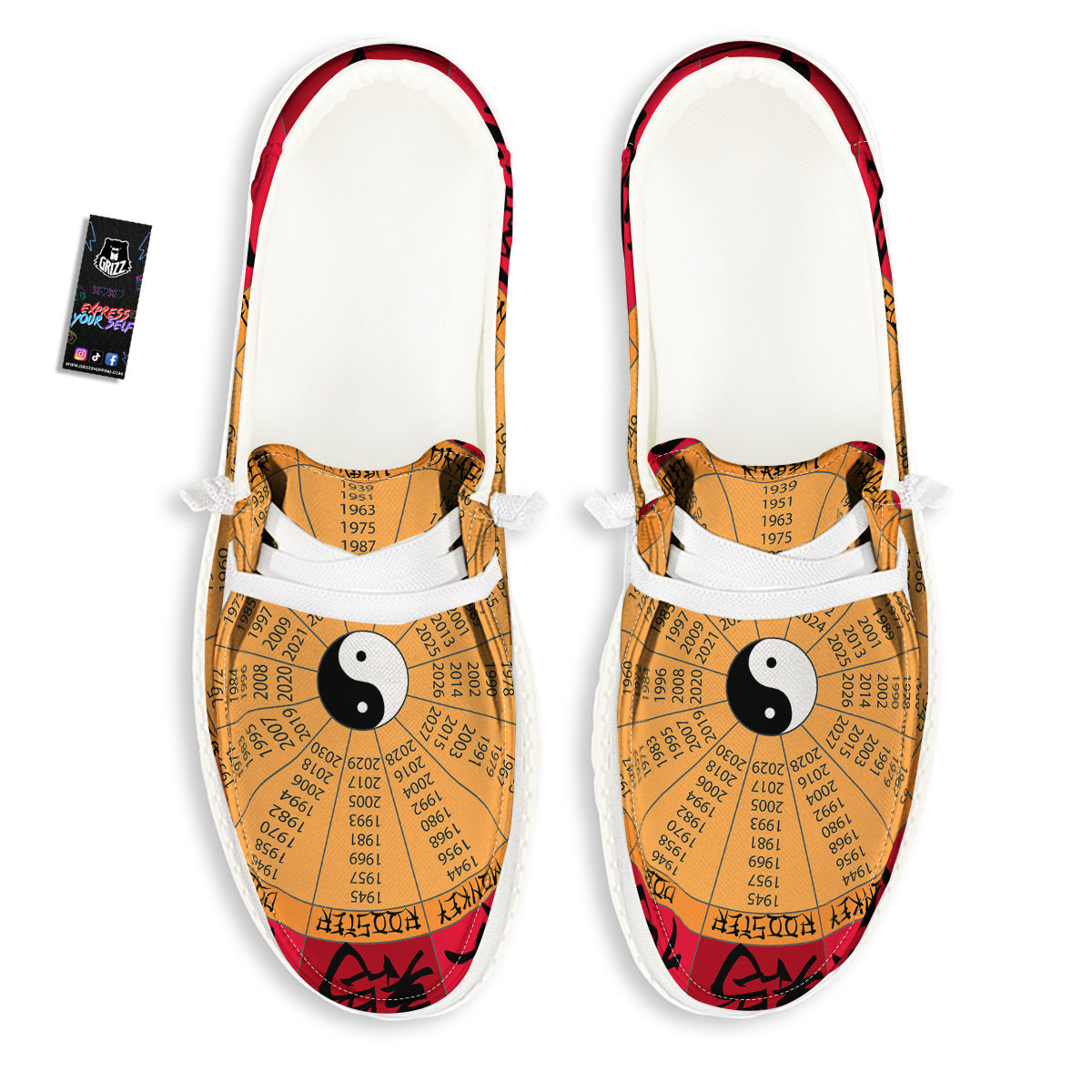 Calendar Wheel Chinese Zodiac Print White Loafers-grizzshop