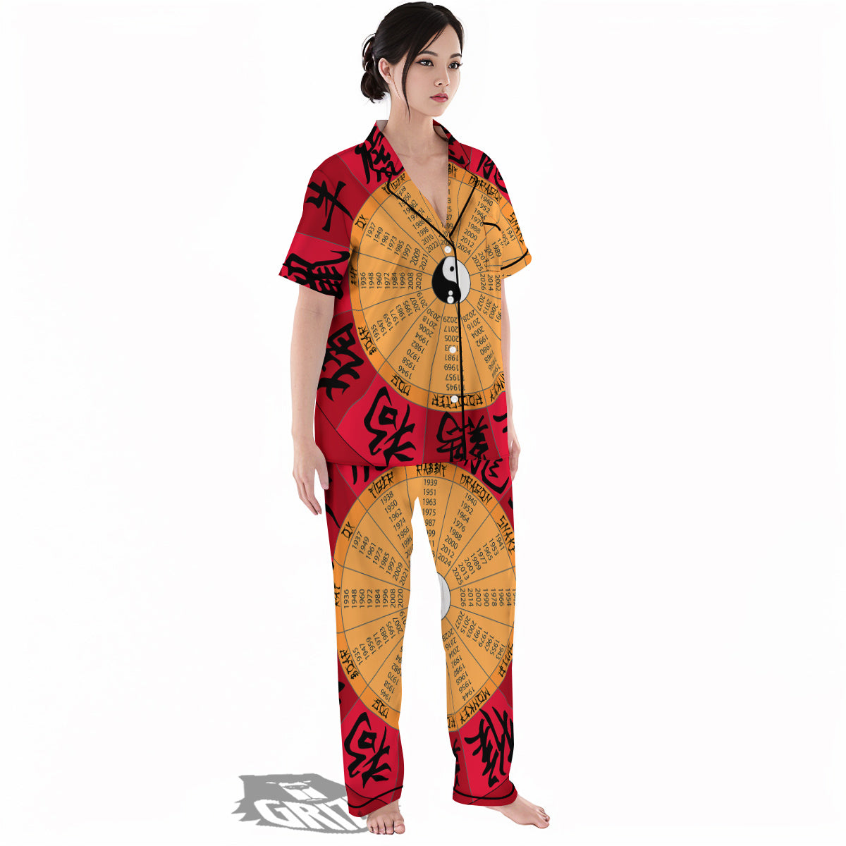 Calendar Wheel Chinese Zodiac Print Women's Pajamas Set-grizzshop