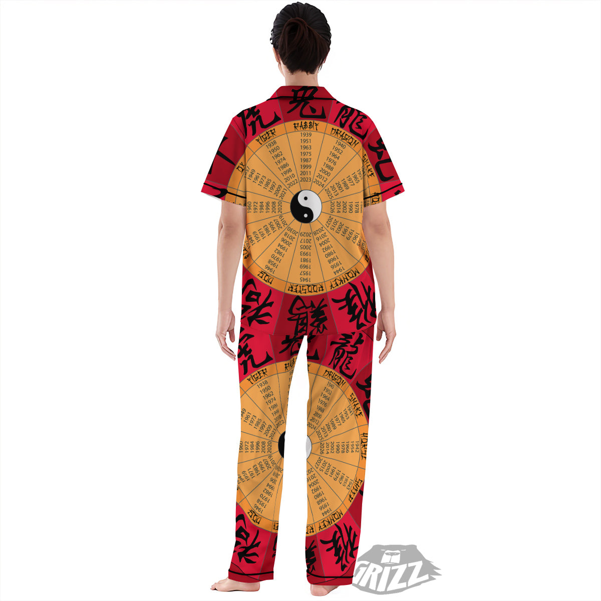 Calendar Wheel Chinese Zodiac Print Women's Pajamas Set-grizzshop