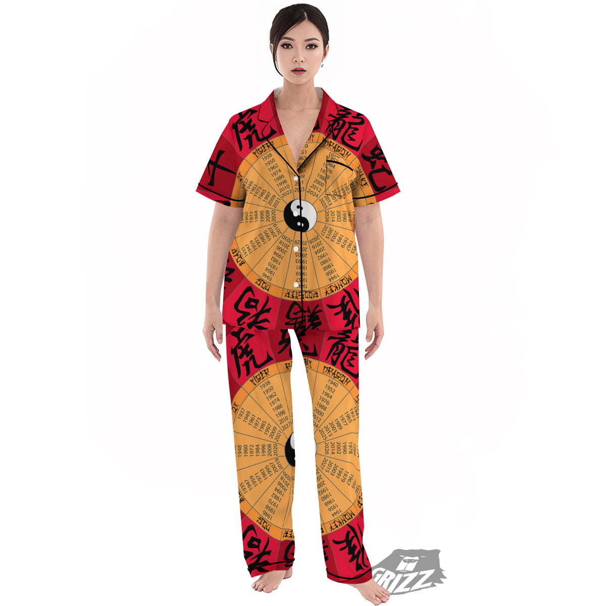 Calendar Wheel Chinese Zodiac Print Women's Pajamas Set-grizzshop