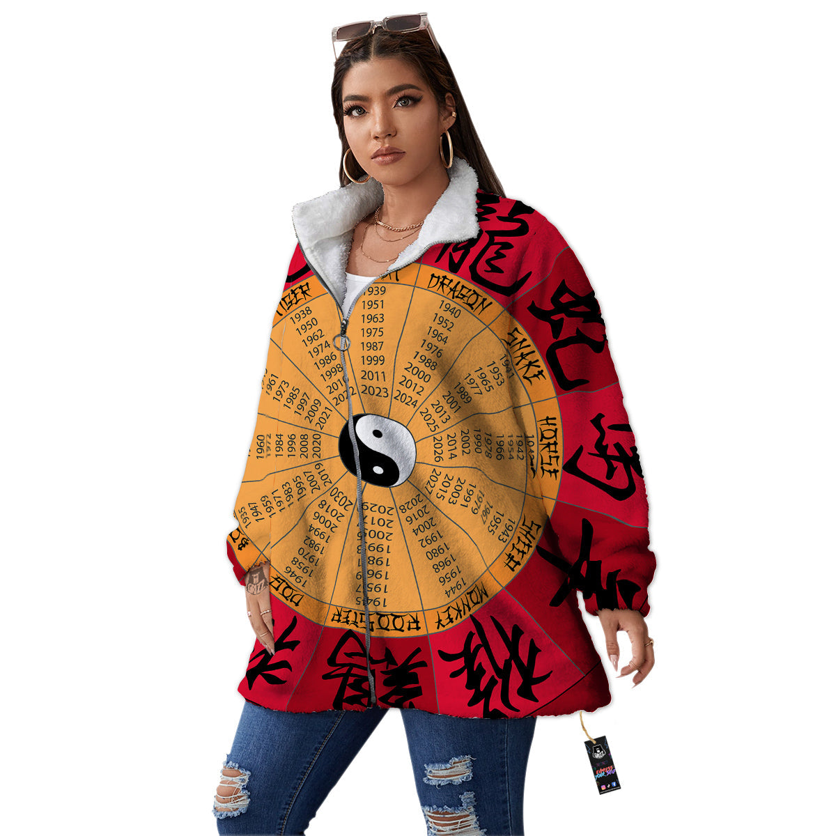 Calendar Wheel Chinese Zodiac Print Women's Sherpa Jacket-grizzshop