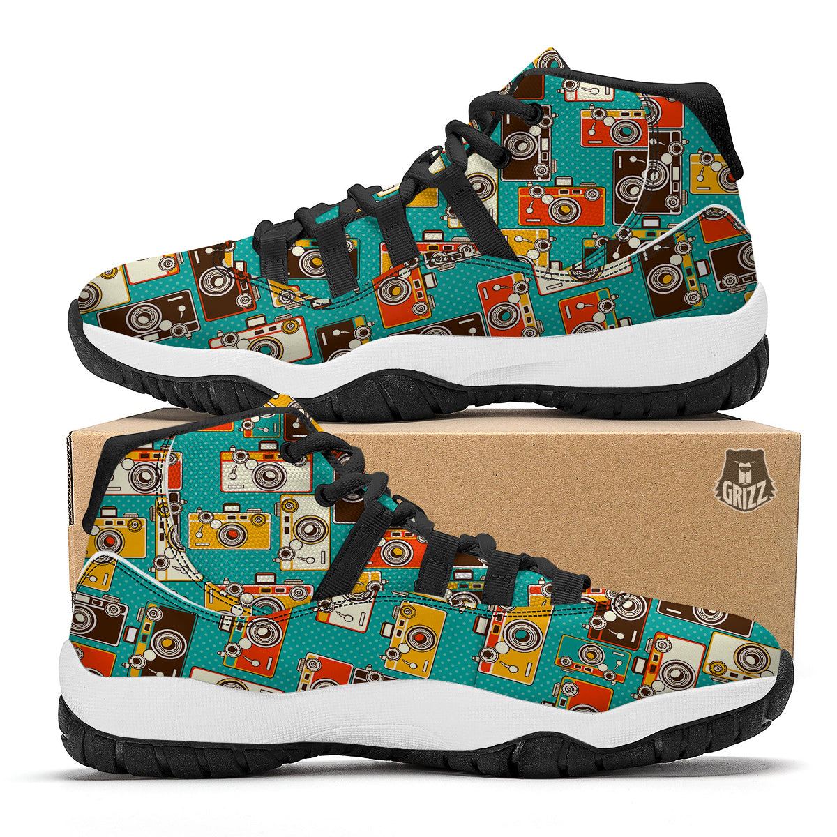 Camera Print Pattern Black Bball Shoes-grizzshop