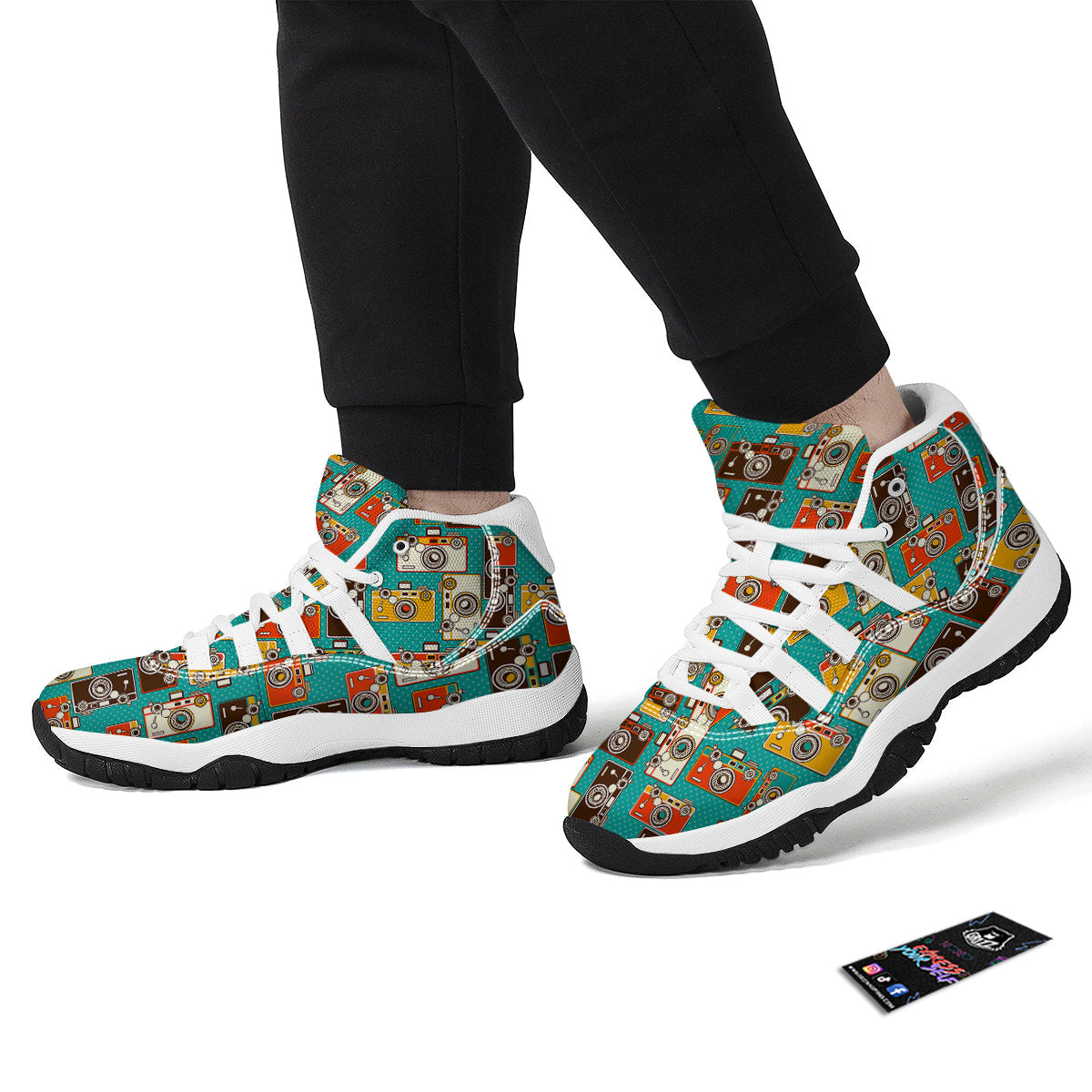 Camera Print Pattern White Bball Shoes-grizzshop