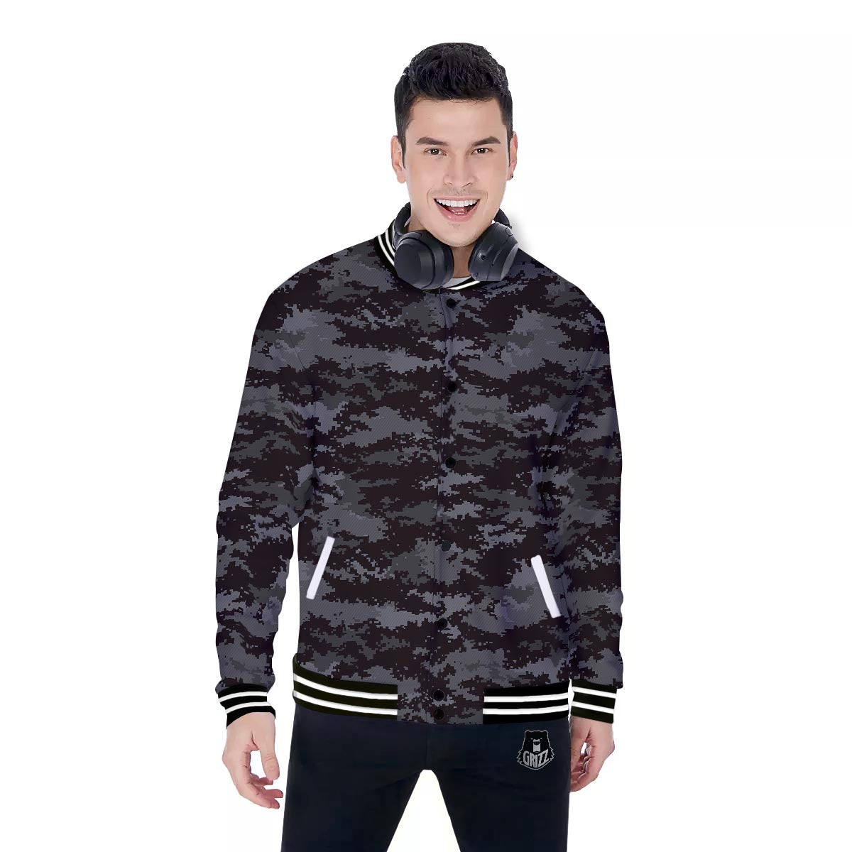Camo Black Tan Digital Print Pattern Baseball Jacket-grizzshop