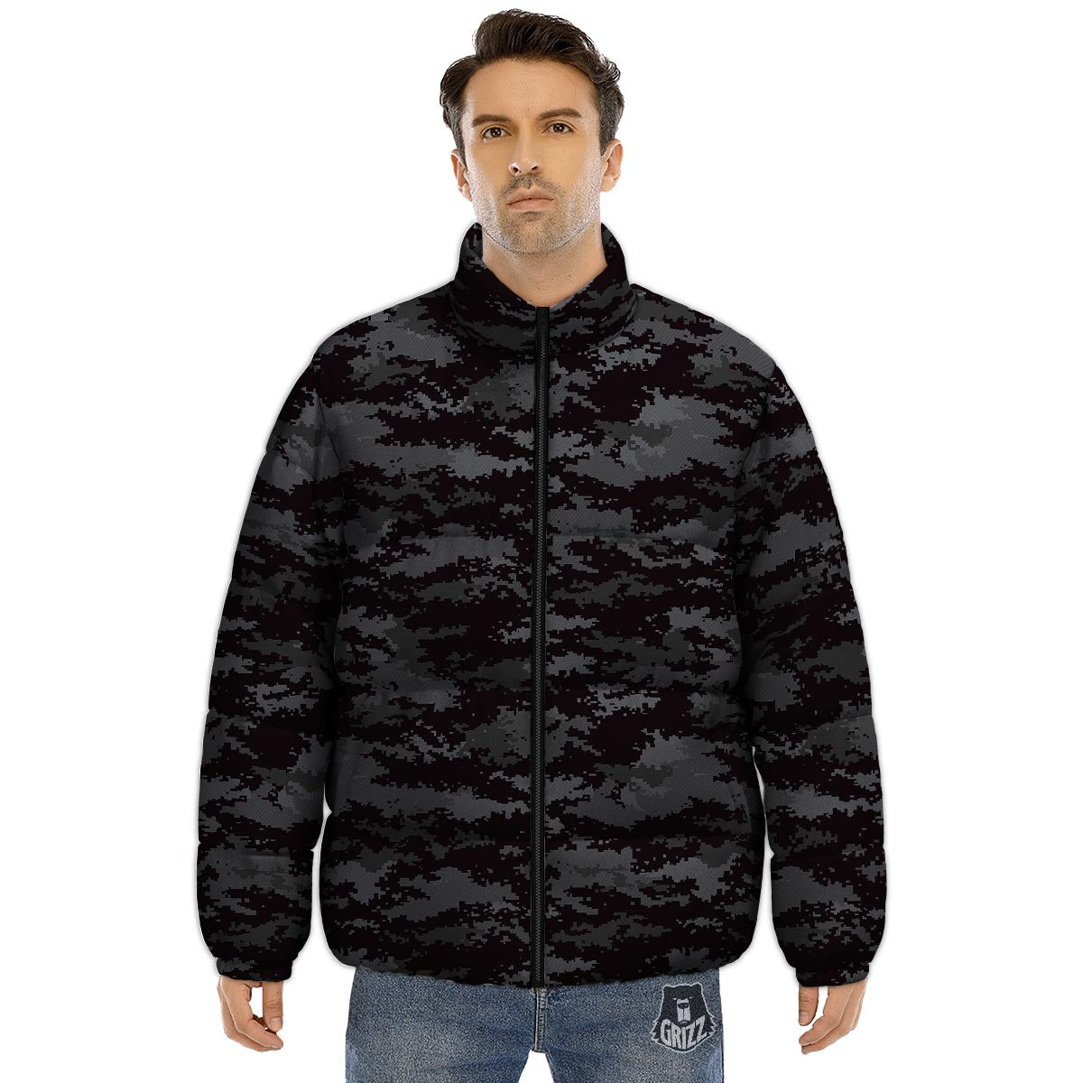 Camo Black Tan Digital Print Pattern Puffer Jacket-grizzshop