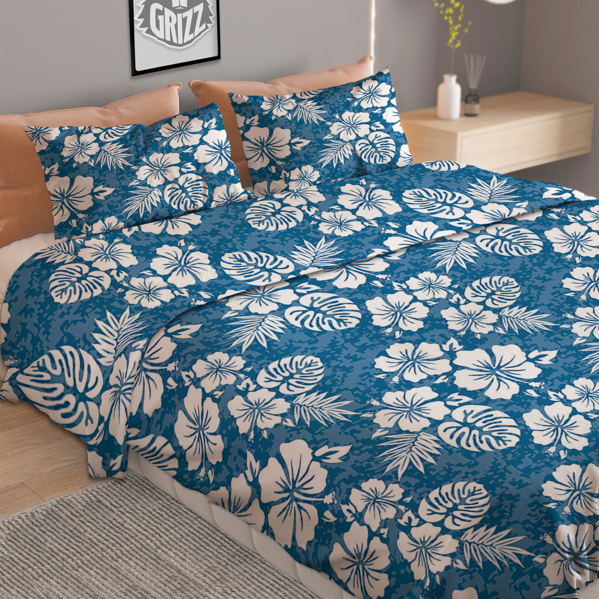 Camo Flower Aloha Hawaiian Print Pattern Duvet Cover Bedding Set