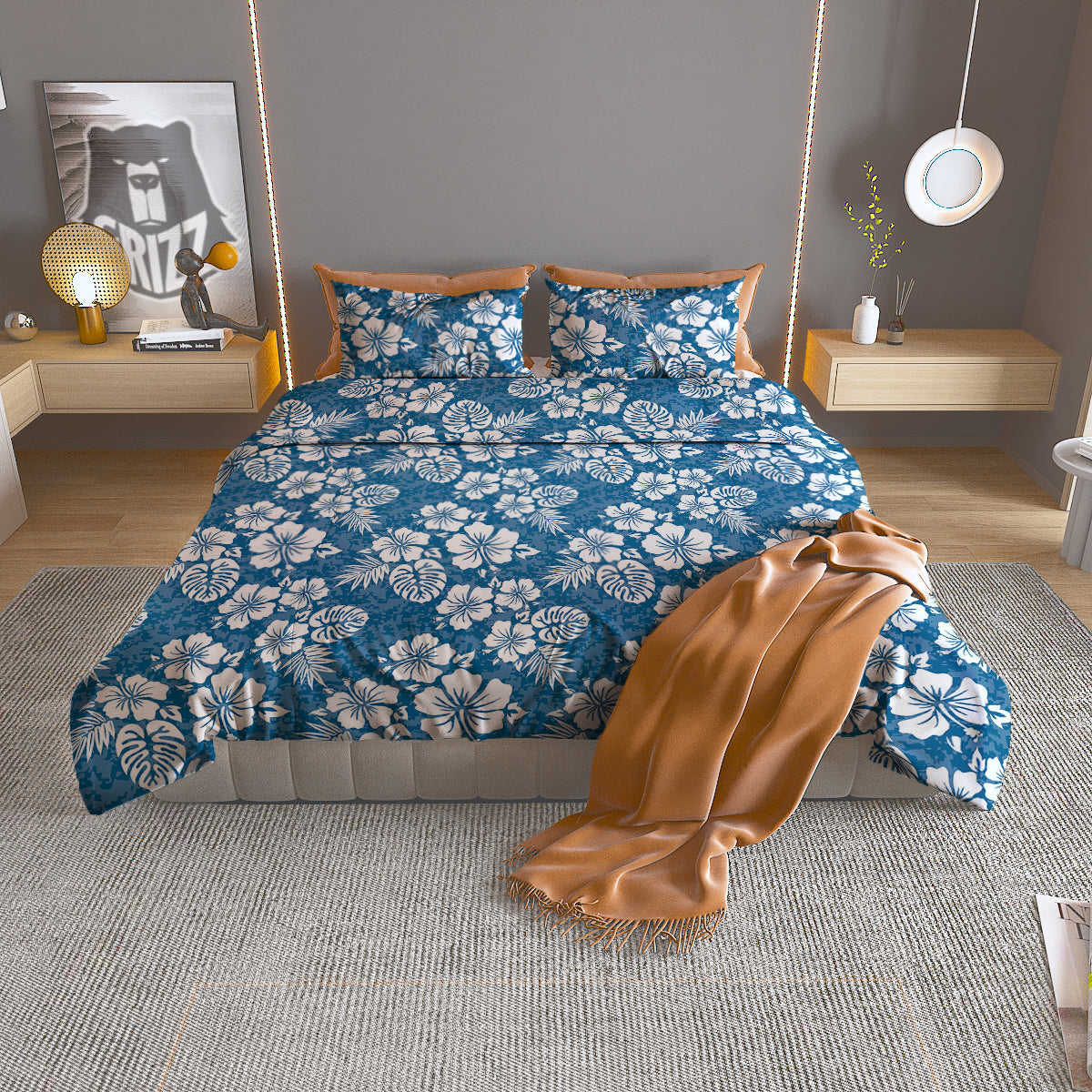 Camo Flower Aloha Hawaiian Print Pattern Duvet Cover Bedding Set