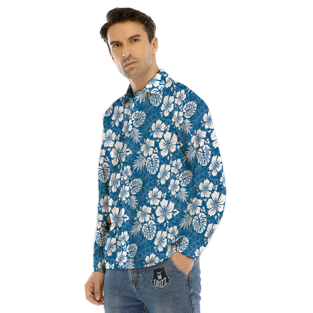 Camo Flower Aloha Hawaiian Print Pattern Men's Dress Shirts-grizzshop