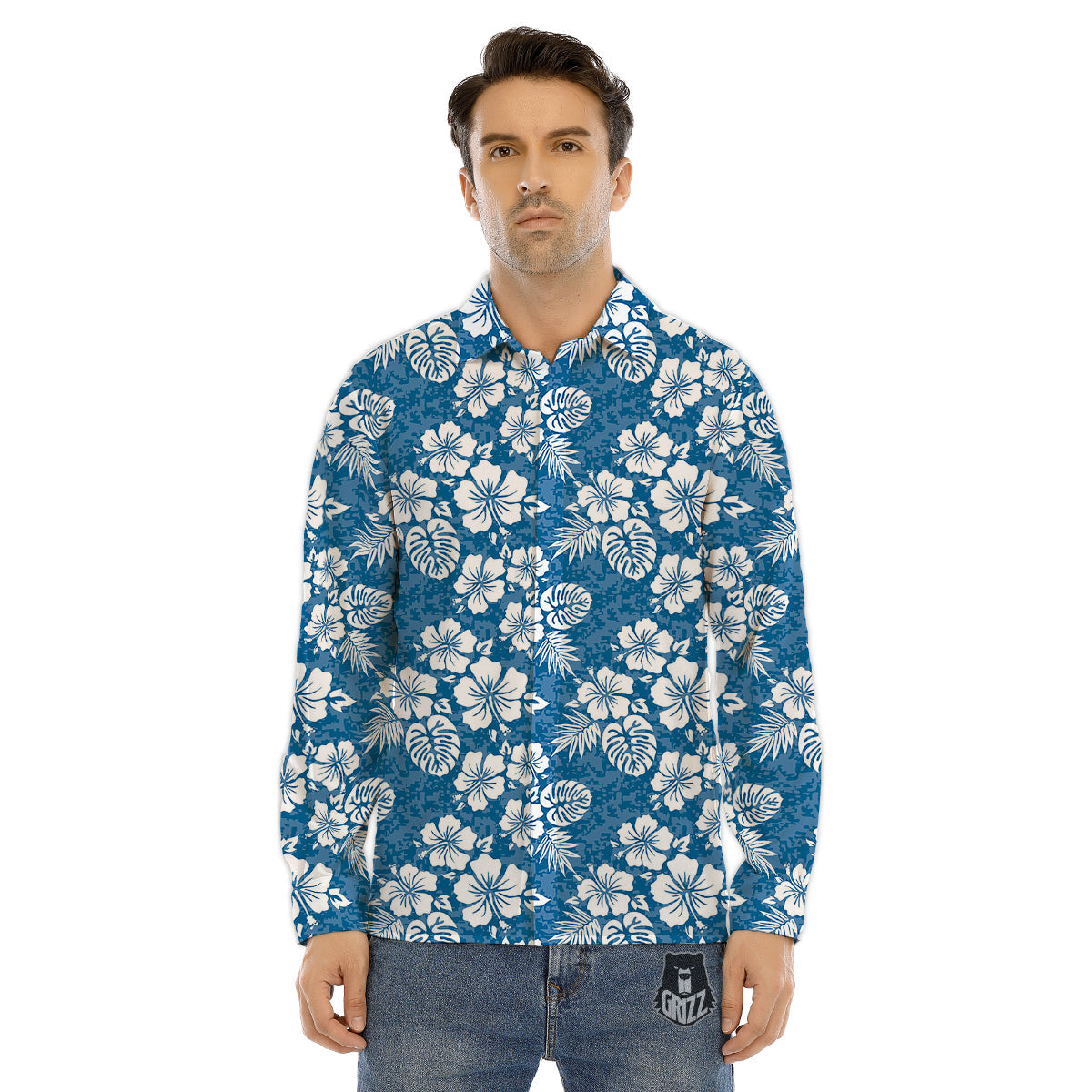 Camo Flower Aloha Hawaiian Print Pattern Men's Dress Shirts-grizzshop