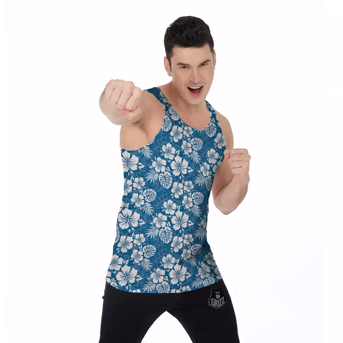 Camo Flower Aloha Hawaiian Print Pattern Men's Tank Top-grizzshop