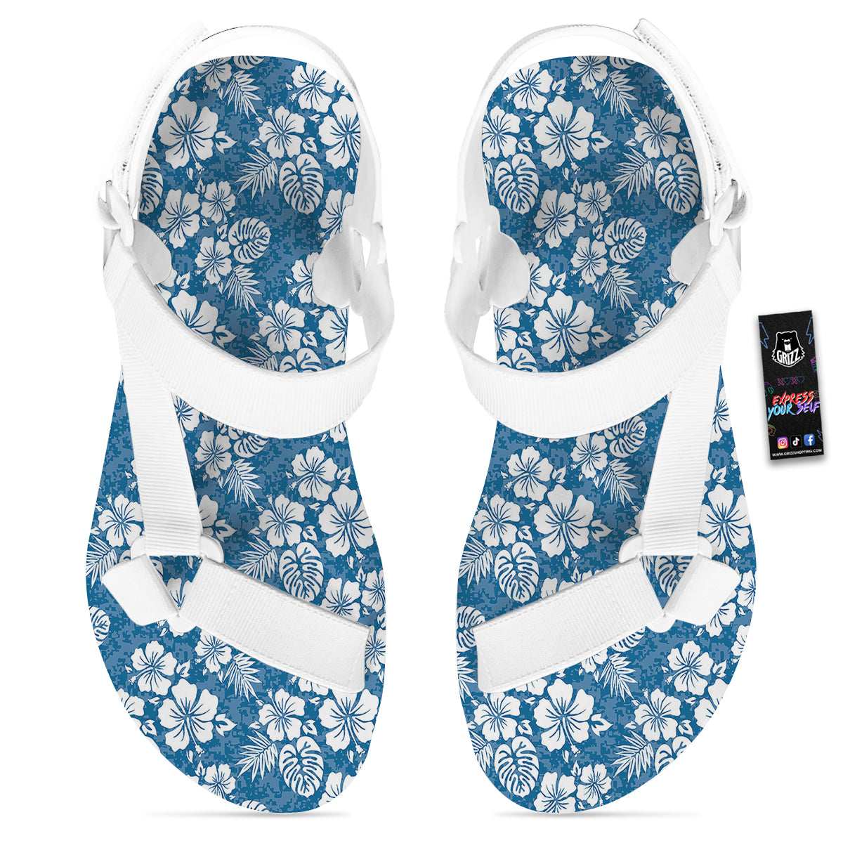 Camo Flower Aloha Hawaiian Print Pattern White Open Toe Sandals-grizzshop