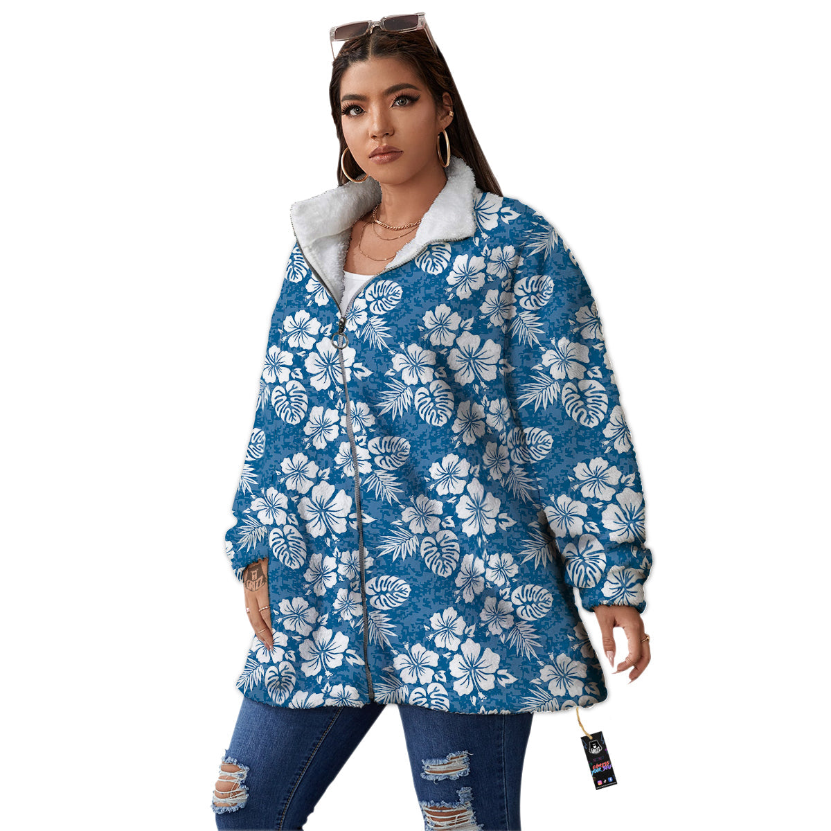 Camo Flower Aloha Hawaiian Print Pattern Women's Sherpa Jacket-grizzshop